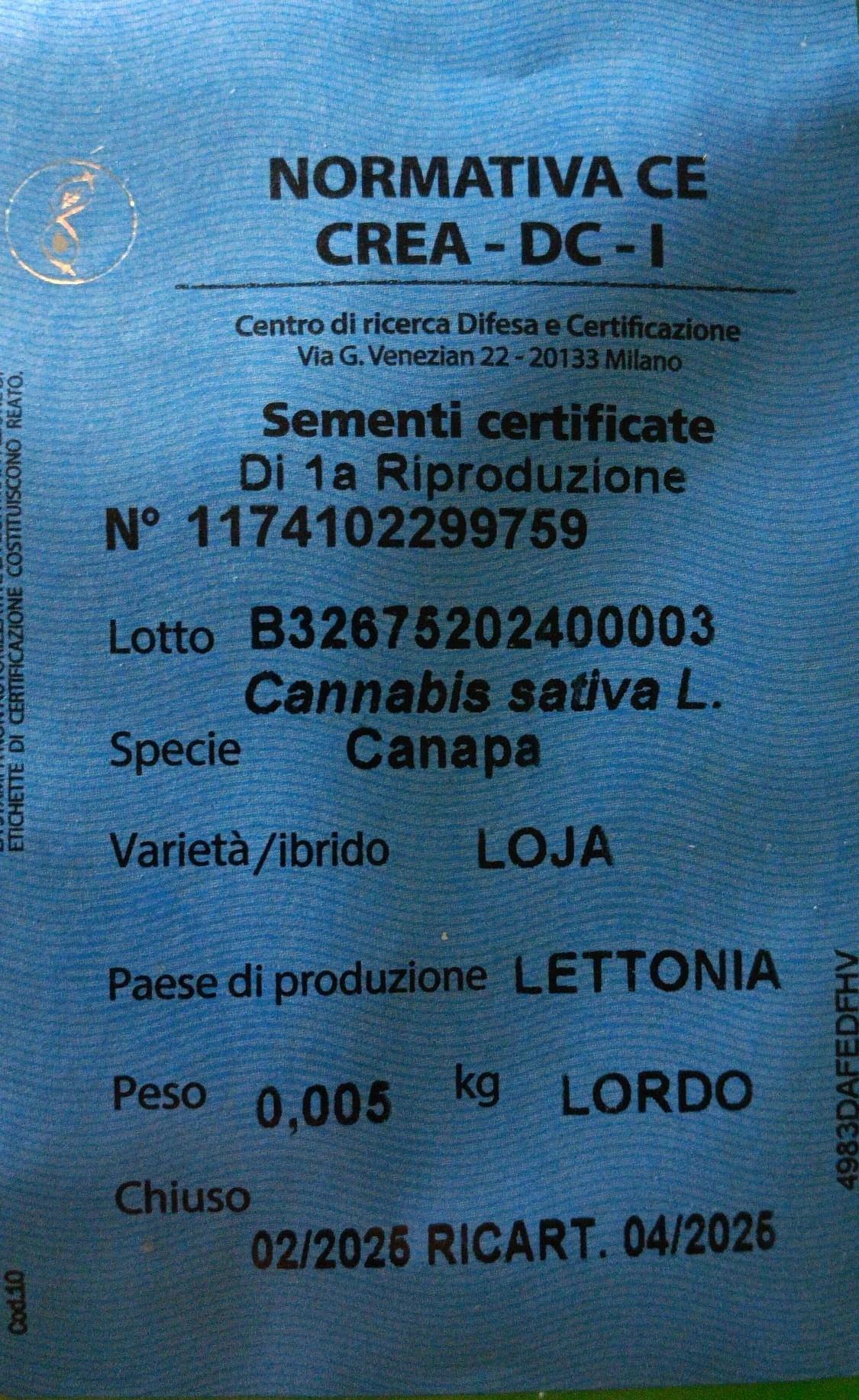 LOJA005 - SEMILLAS DE CÁÑAMO VARIEDAD LOJA CE | 5g